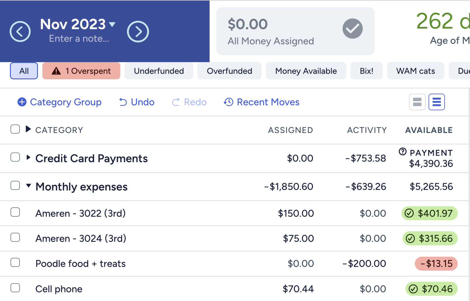 a snapshot of my budget showing one overspent category